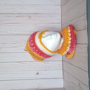 Hand crocheted beanie with a faux fur pom and cowl scarf set